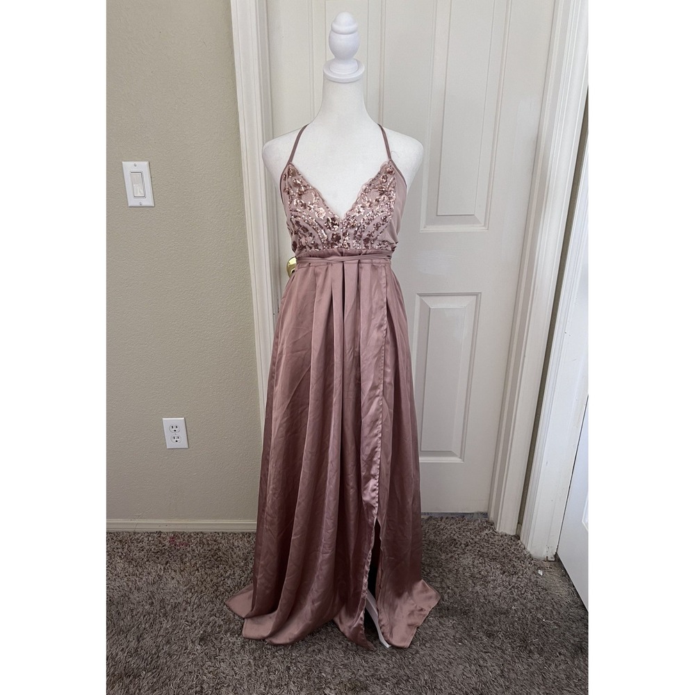 Hello Molly Brown Pink Mesh Sequin Beaded V-Neck Satin Maxi Dress Women's 6